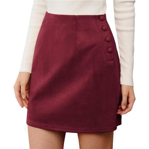 Women Mini Skirt Suede Skirts with Button Red - Picture 1 of 6